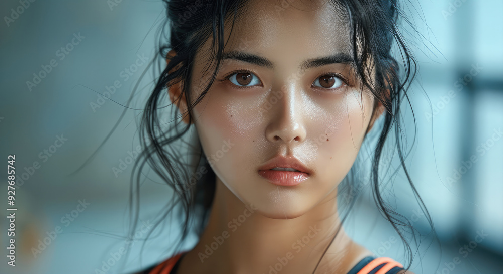 Young Asian woman athlete, black hair, fair skin, in a sports outfit, highlighting the athlete health. Generative AI. Young Asian woman athlete, black hair, fair skin, in a sports outfit, highlighting the athlete health. Generative AI.