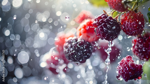 Close-up of fresh blackberries and raspberries on the vine, glistening with water droplets. The vibrant colors and bokeh effect highlight the freshness and natural beauty of the berries.