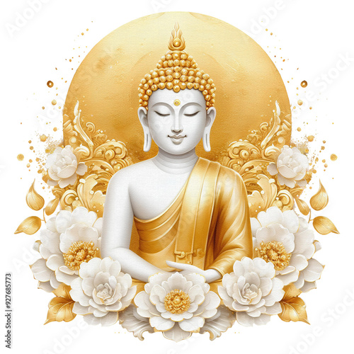 Gold Buddha statue watercolor oil painting clipart transparent background png