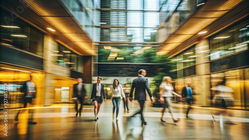 usy Corporate Professionals Walking Through Modern Office Atrium in Motion Blur photo