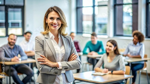 Smiling Woman Teacher Leading Engaged Adult Learners in Modern Educational Setting