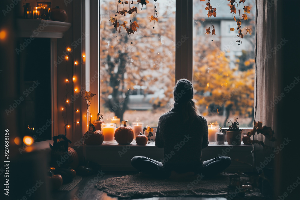 A woman sits in a room with a window and a view of trees A woman sits in a room with a window and a view of trees
