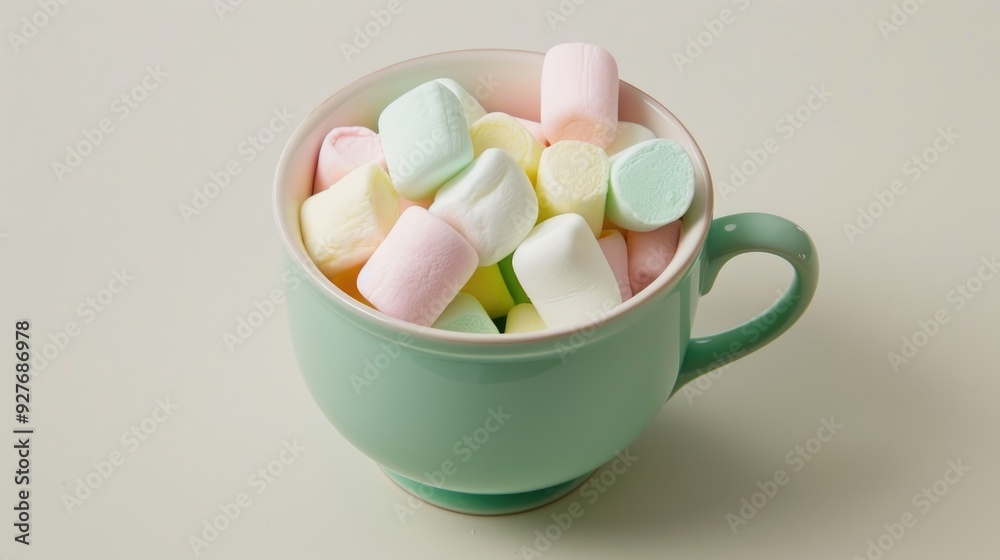 Colorful marshmallows in a light green cup on a white background Colorful marshmallows in a light green cup on a white background