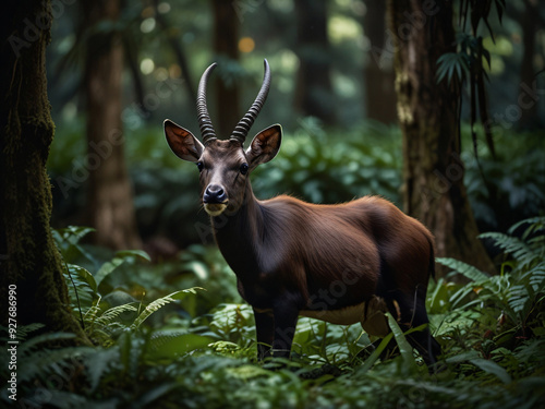 a detailed shot of a Saola grazing in a dense forest