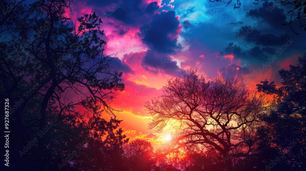 Colorful sunsets on warm nights amidst dark trees