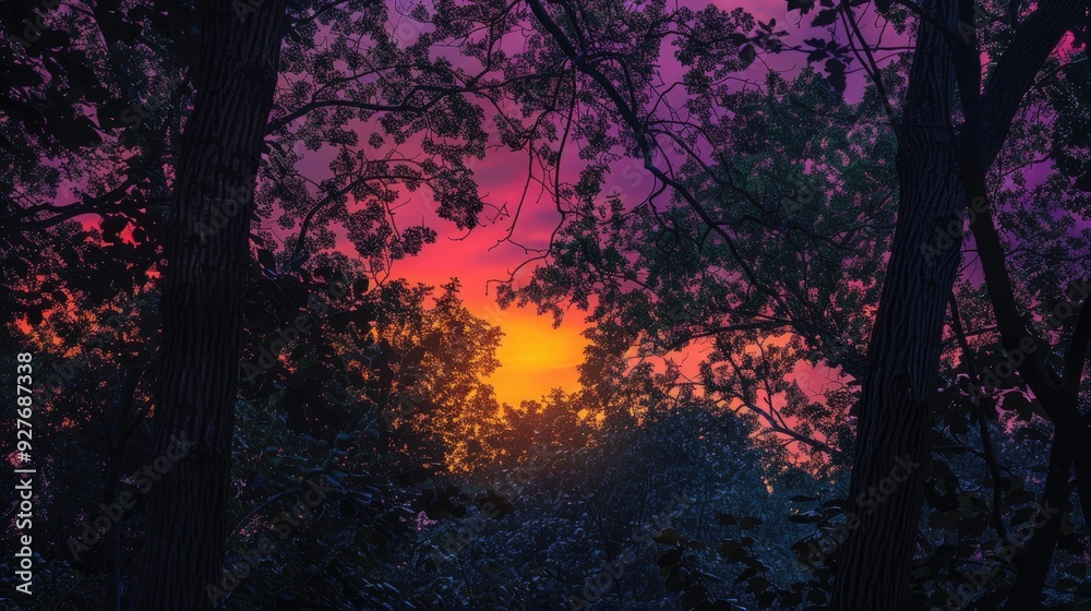 Colorful sunsets on warm nights amidst dark trees Colorful sunsets on warm nights amidst dark trees