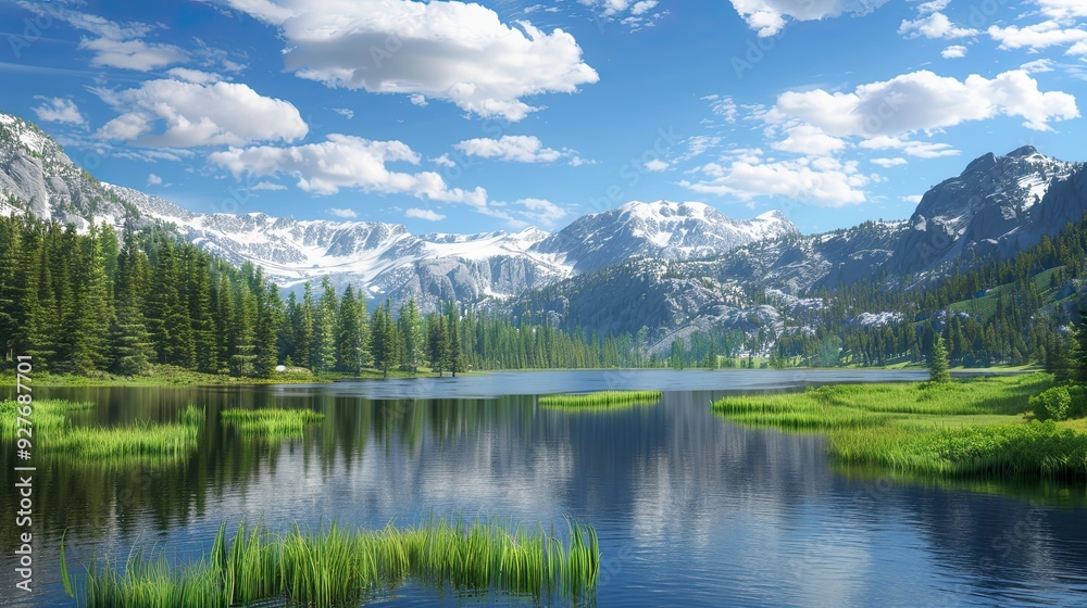 Fototapeta premium A mountain stream flows in a mountainous area surrounded by forests on a sunny day. Natural background. Illustration for cover, card, postcard, interior design, banner, poster, brochure, presentation.