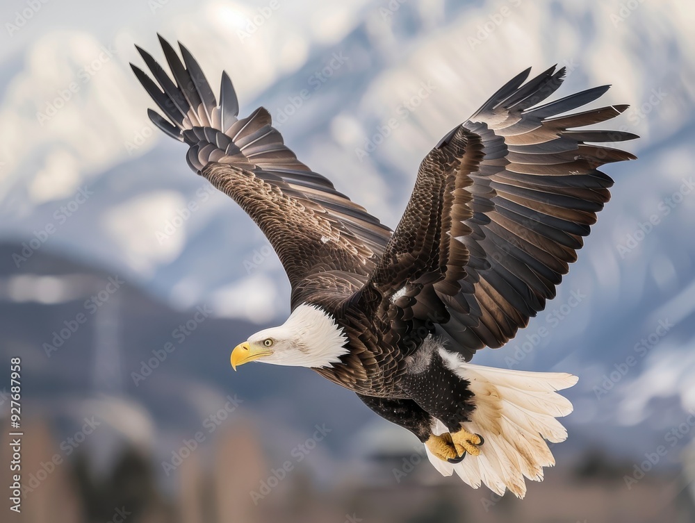 Obraz premium Majestic Bald Eagle Soaring Over Alaska's Mountain Range