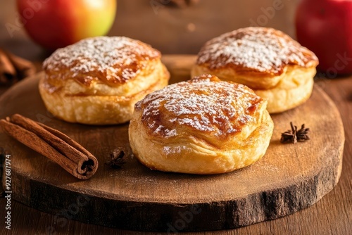 Delicious apple pastries dusted with powdered sugar and served with cinnamon on a wooden platter.