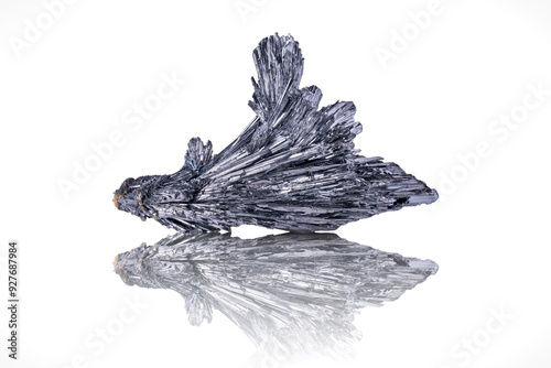 Stibnite photography isolated on white blackground. Specimen from Herja Mine, Chiuzbaia, Baia Mare, Maramureș Romania. macro detail  background. close-up mineral crystal unpolished
