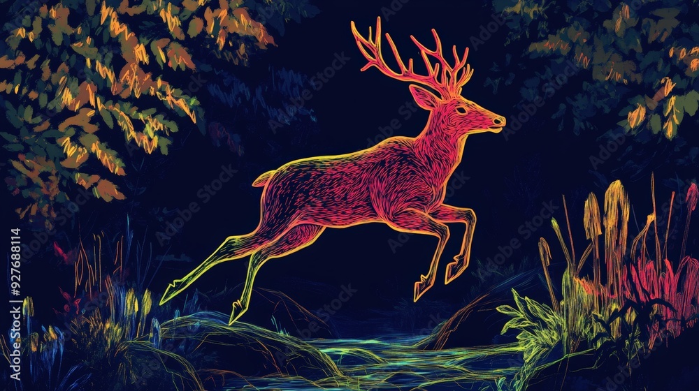 Neon Line Art of a deer gracefully leaping over a stream, with foliage surrounding Neon Line Art of a deer gracefully leaping over a stream, with foliage surrounding