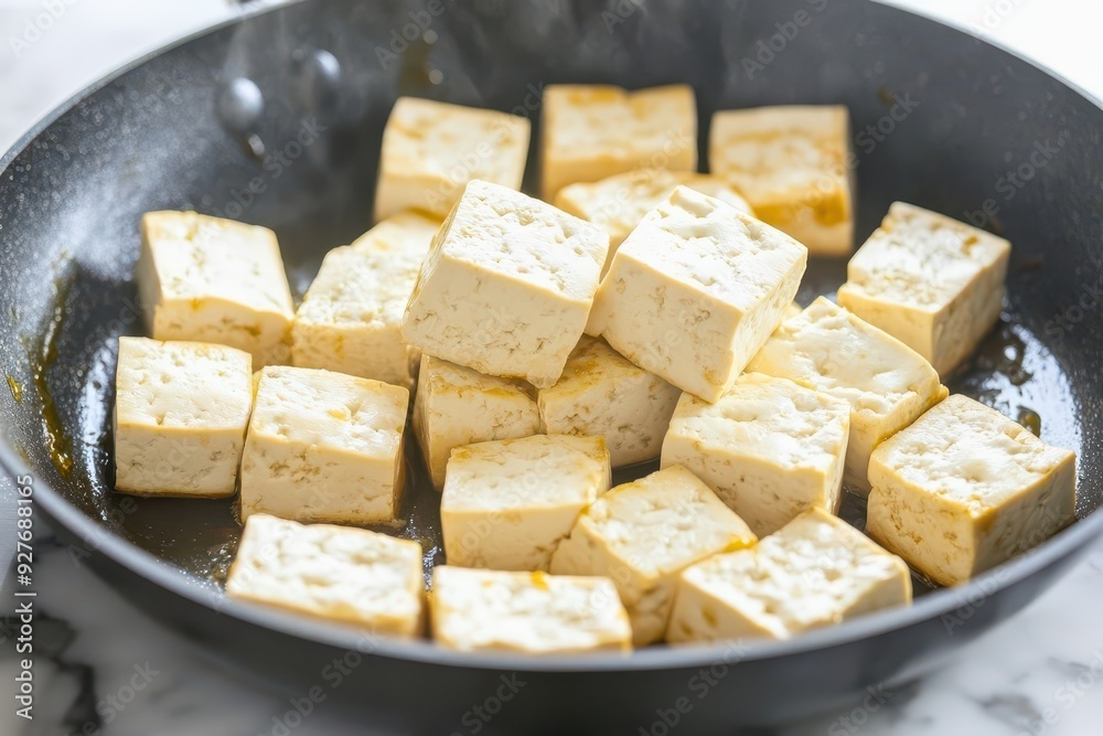 Freshly cooked tofu cubes in a skillet, ready for delicious recipes and healthy meals. Freshly cooked tofu cubes in a skillet, ready for delicious recipes and healthy meals.