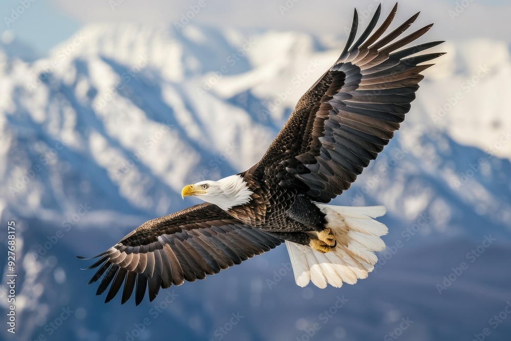 Obraz premium Majestic Bald Eagle Soaring Over Alaska's Mountain Peaks