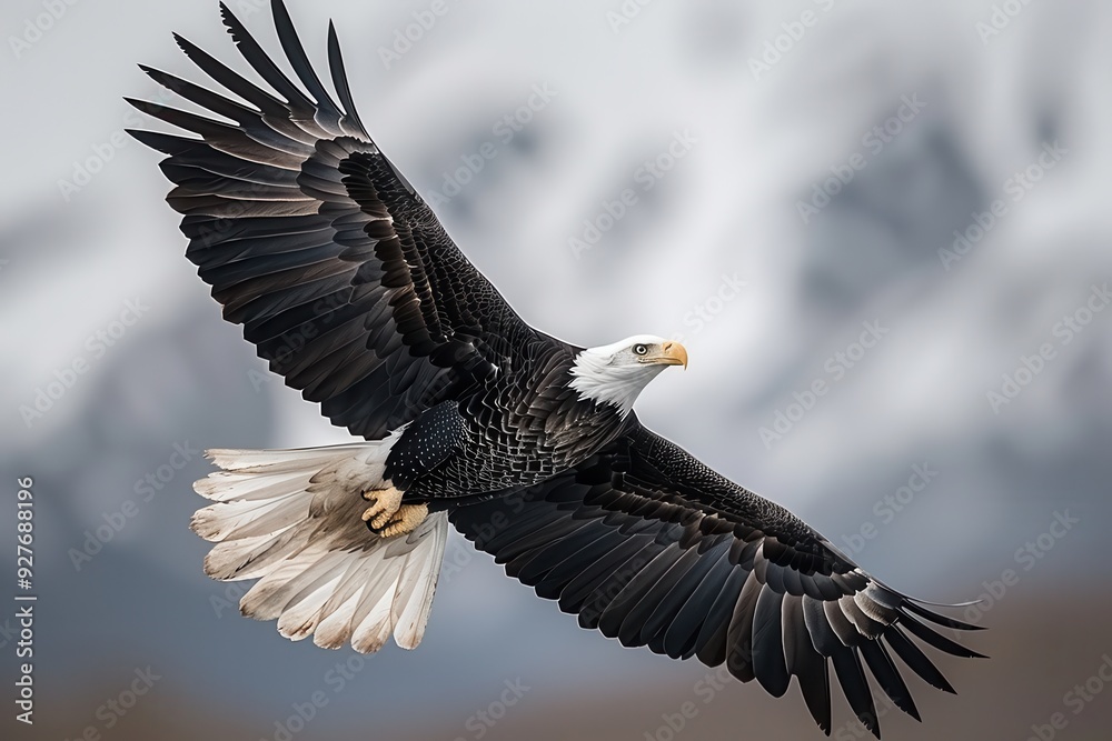 Fototapeta premium Majestic Bald Eagle Soaring Over Alaska's Snow-Capped Mountains