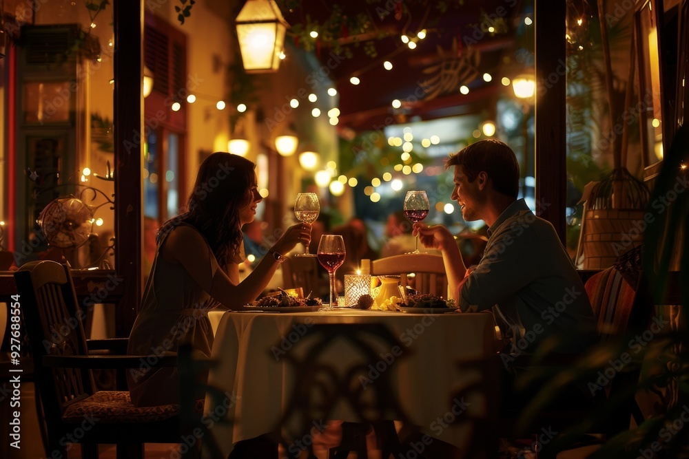 A couple dines together at a restaurant table, immersed in conversation and surrounded by a welcoming atmosphere, A romantic couple enjoying a candlelit dinner at a cozy restaurant. AI generated A couple dines together at a restaurant table, immersed in conversation and surrounded by a welcoming atmosphere, A romantic couple enjoying a candlelit dinner at a cozy restaurant. AI generated