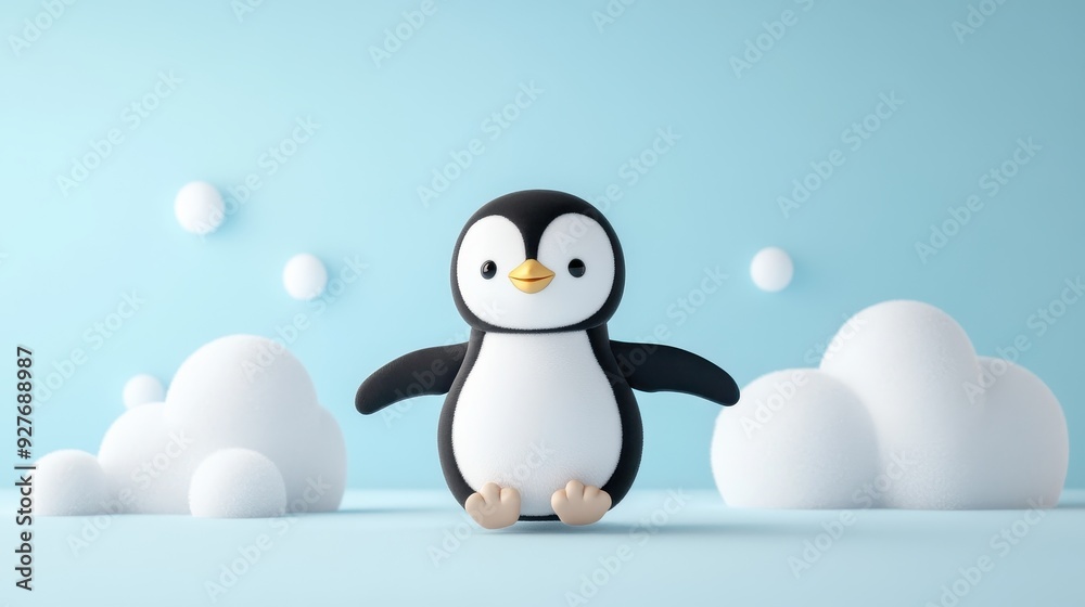 Obraz premium Playful Penguin Sliding on Ice with Stunning Icy Blue Background - 3D Render