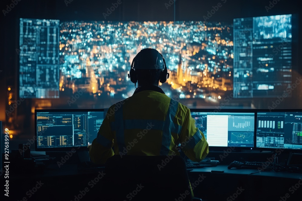 Worker in high-visibility vest monitors city data on multiple screens, with nighttime cityscape in background Worker in high-visibility vest monitors city data on multiple screens, with nighttime cityscape in background