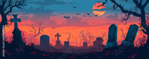 Graveyard with multiple tombstones. Vector flat isolated.