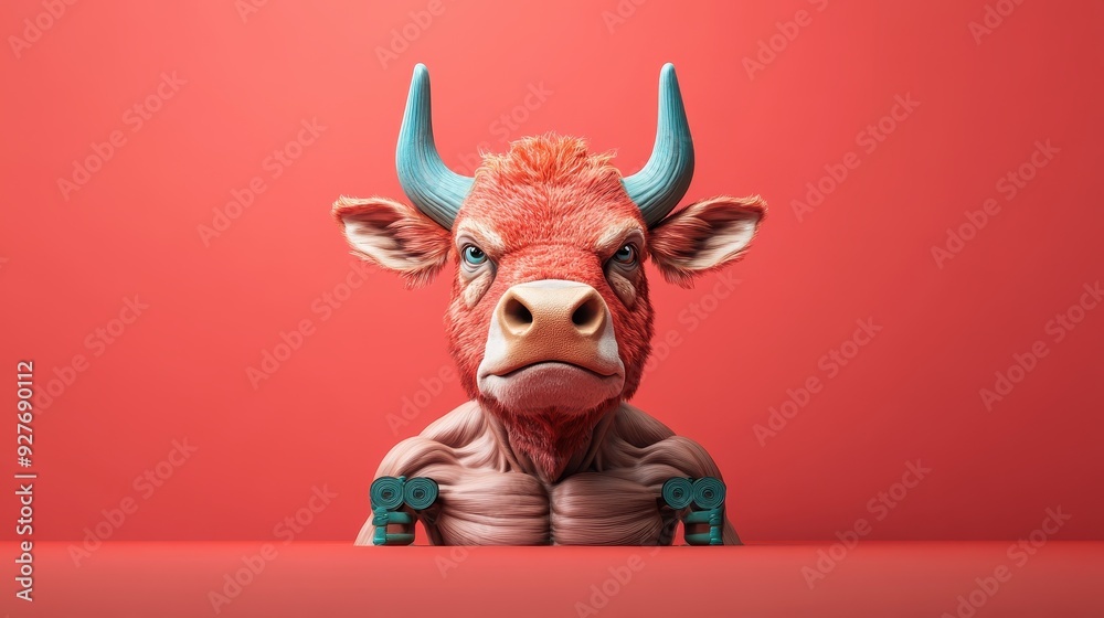 Muscular Bull: Surreal 3D Render of Bull Head with Bodybuilder's Physique Lifting Weights on Bold Red Background Muscular Bull: Surreal 3D Render of Bull Head with Bodybuilder's Physique Lifting Weights on Bold Red Background