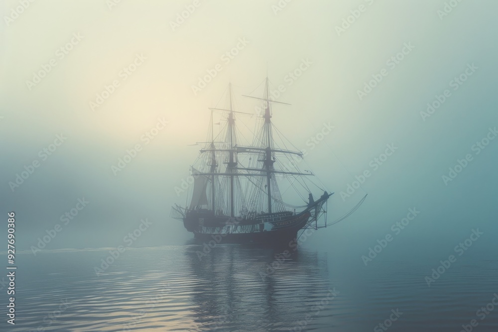 A ship navigates through a dense fog on a tranquil lake, creating an atmosphere of mystery and solitude, A ship emerging from the foggy harbor, AI generated A ship navigates through a dense fog on a tranquil lake, creating an atmosphere of mystery and solitude, A ship emerging from the foggy harbor, AI generated