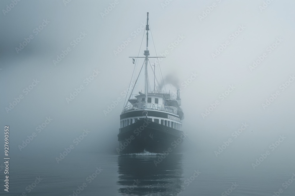 Fototapeta premium A solitary ship emerges from the fog on a serene lake, evoking a sense of calm and intrigue in the misty surroundings, A ship emerging from the foggy harbor, AI generated
