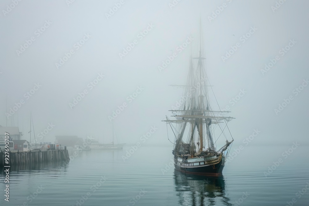 A ship is partially obscured by fog as it glides across a still lake, enhancing the scene's ethereal and tranquil quality, A ship emerging from the foggy harbor, AI generated A ship is partially obscured by fog as it glides across a still lake, enhancing the scene's ethereal and tranquil quality, A ship emerging from the foggy harbor, AI generated