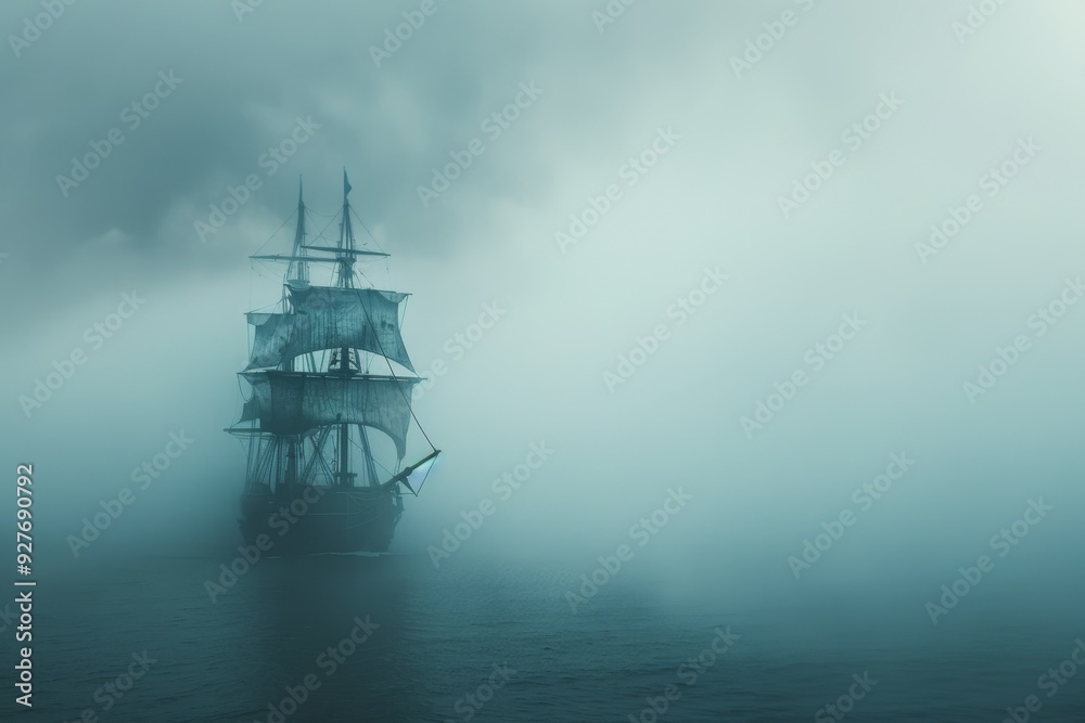 A ship is partially obscured by fog as it glides across a still lake, enhancing the scene's ethereal and tranquil quality, A ship emerging from the foggy harbor, AI generated A ship is partially obscured by fog as it glides across a still lake, enhancing the scene's ethereal and tranquil quality, A ship emerging from the foggy harbor, AI generated