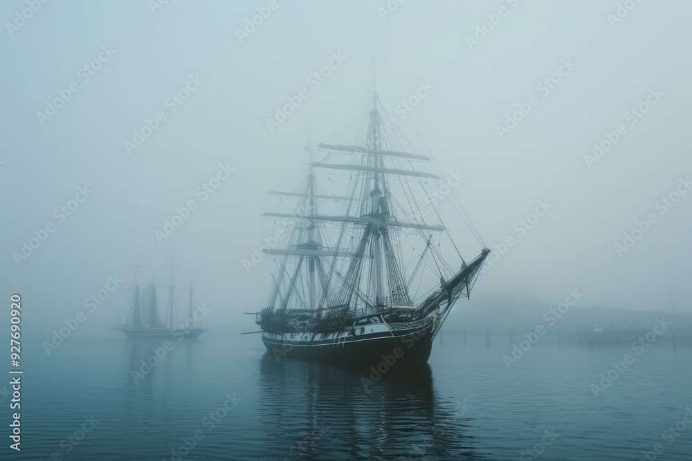 A ship is partially obscured by fog as it glides across a still lake, enhancing the scene's ethereal and tranquil quality, A ship emerging from the foggy harbor, AI generated A ship is partially obscured by fog as it glides across a still lake, enhancing the scene's ethereal and tranquil quality, A ship emerging from the foggy harbor, AI generated