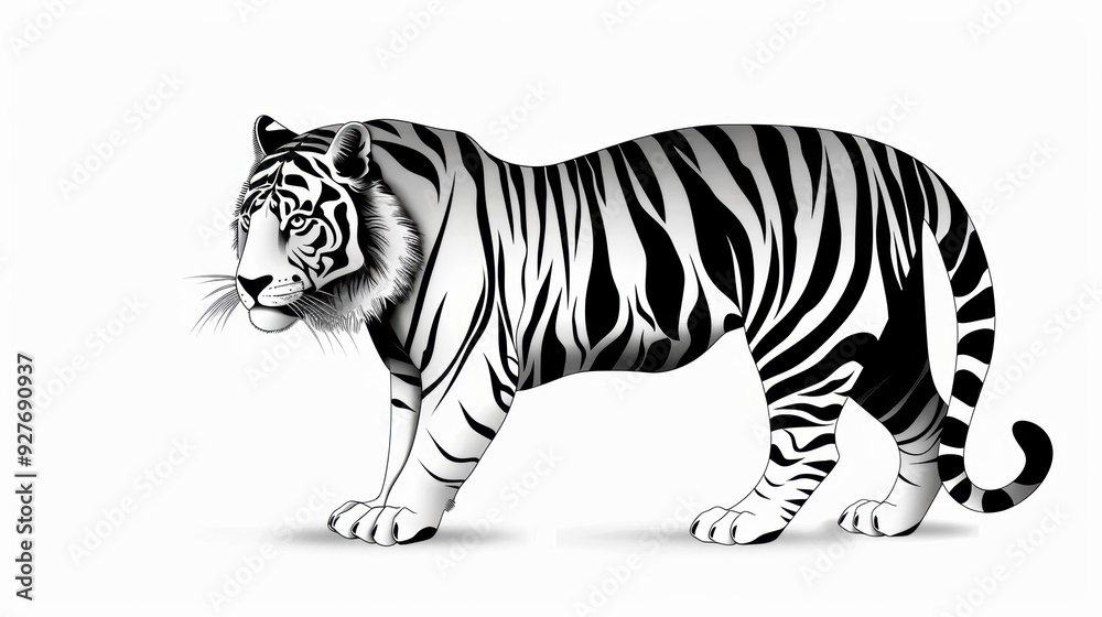 Naklejka premium A simple black and white tiger illustration with clean outlines and crisp lines, ideal for an easy and enjoyable coloring book experience.