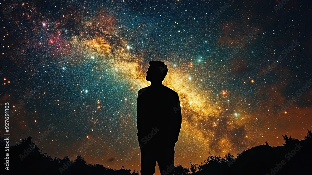 A man stands in the middle of a field of stars, looking up at the sky A man stands in the middle of a field of stars, looking up at the sky