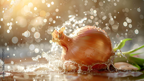 Close-up of a fresh onion with water splashing around it, bathed in warm sunlight. A vibrant image symbolizing freshness, harvest, and natural food.