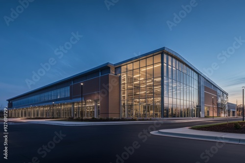 A high-tech pharmaceutical manufacturing building stands at twilight, showcasing its sleek architecture and expansive glass facade with ample space for branding