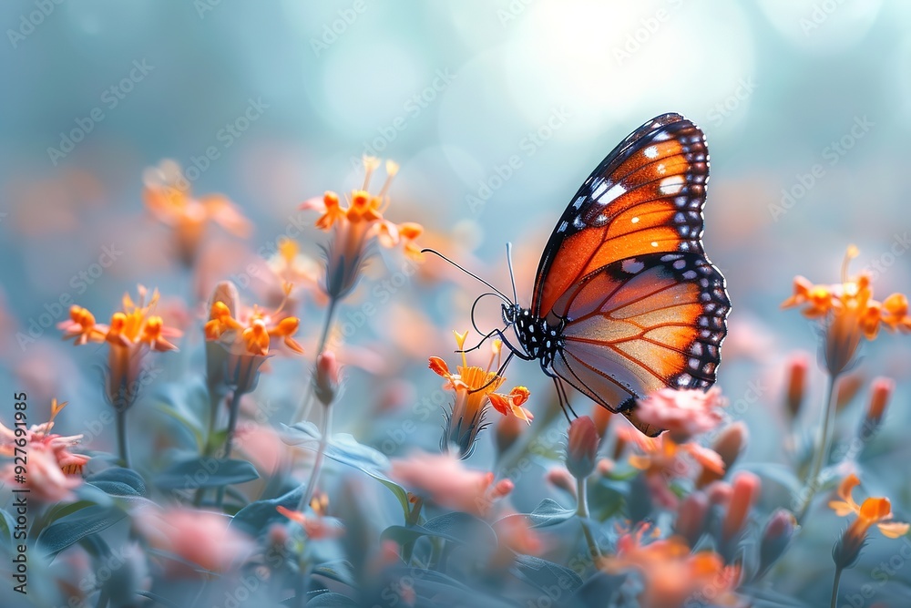 A butterfly is sitting on a flower in a field of flowers A butterfly is sitting on a flower in a field of flowers