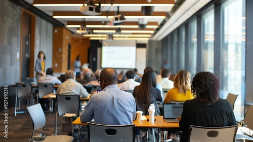 A diverse group of people sit in a conference room, listening to a speaker.  A projector screen and laptop are visible.