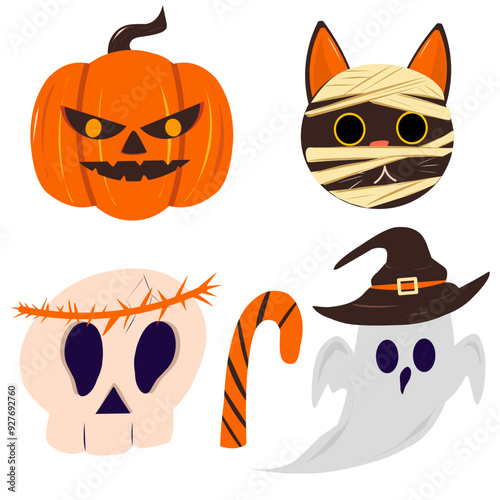 clipart set of Halloween illustration icons consisting of pumpkins, skulls, mummified cats and ghosts