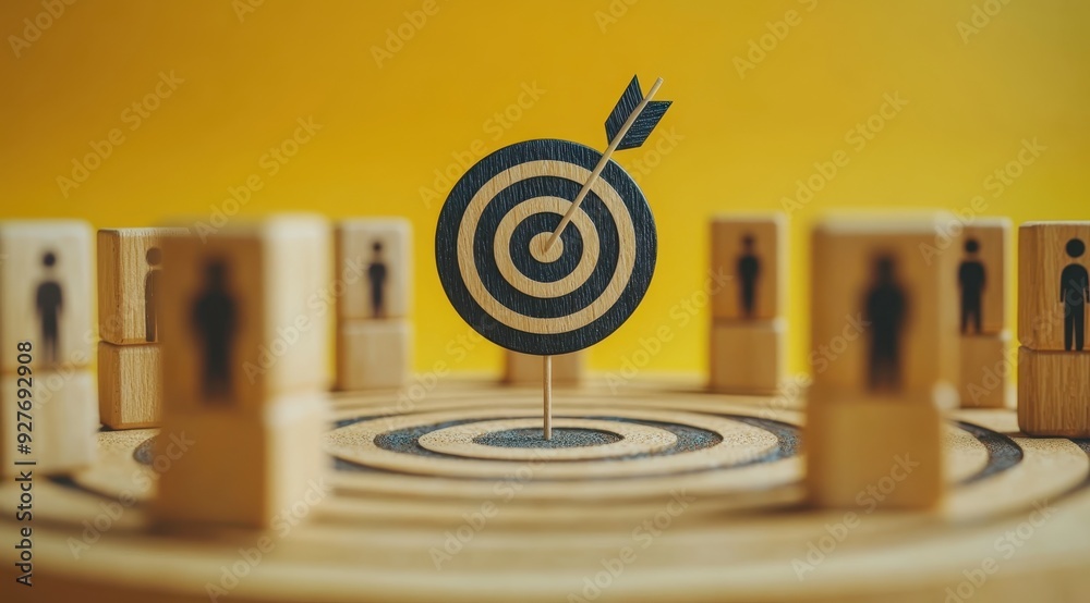 A target with an arrow in the center, surrounded by wooden blocks depicting people on each block, representing customer sophistication and market appeal.