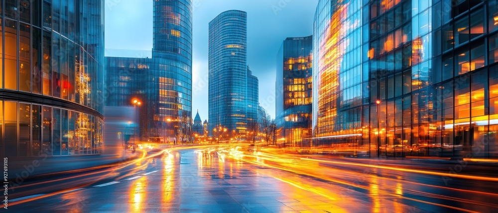 Fototapeta premium Cityscape at Night with Glass Buildings and Light Trails