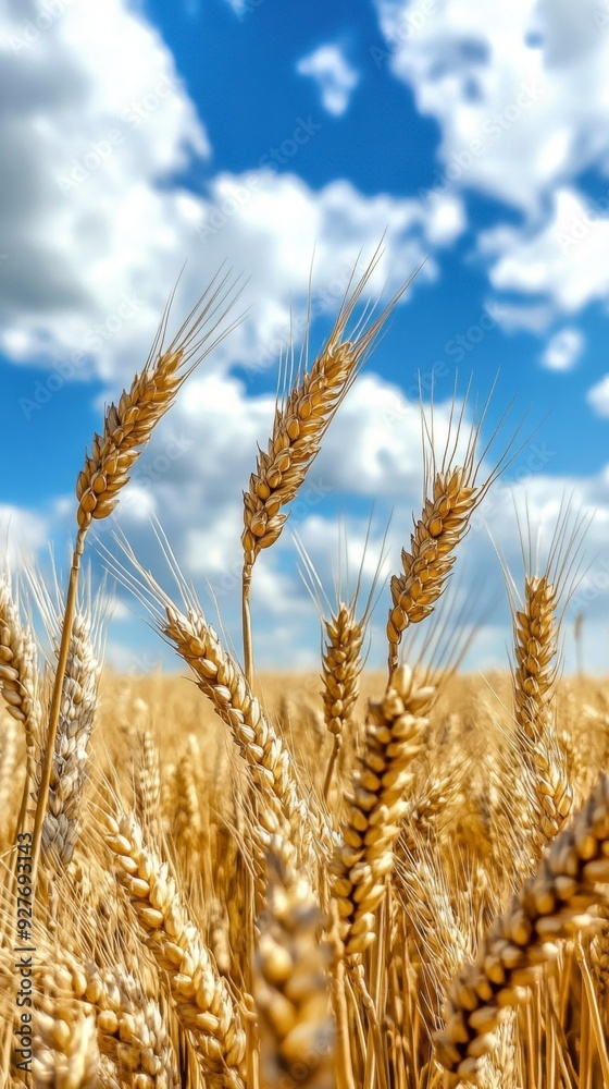 Fototapeta premium A golden wheat field under a blue sky with white clouds, creating an atmosphere of harvest and life.