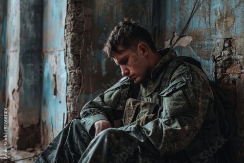 A solitary soldier is seated in a derelict structure, reflecting on the desolation around him, AI generated