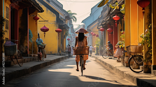 Riding Bicycle in Hoi An Street Vietnam photo