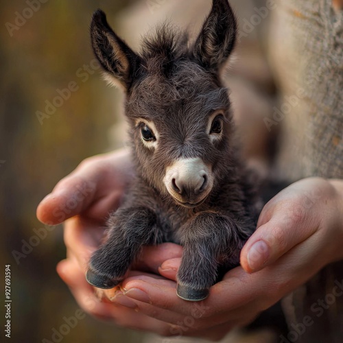 cute little baby donkey in a farmers hands photo