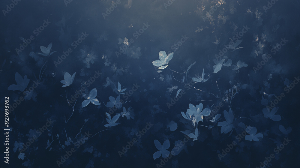Fototapeta premium a delicate pattern of flowers and leaves floating in a deep navy blue atmosphere, creating a serene and dreamlike floral composition