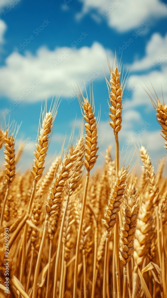 A golden wheat field under a blue sky with white clouds, creating an atmosphere of harvest and life. A golden wheat field under a blue sky with white clouds, creating an atmosphere of harvest and life.