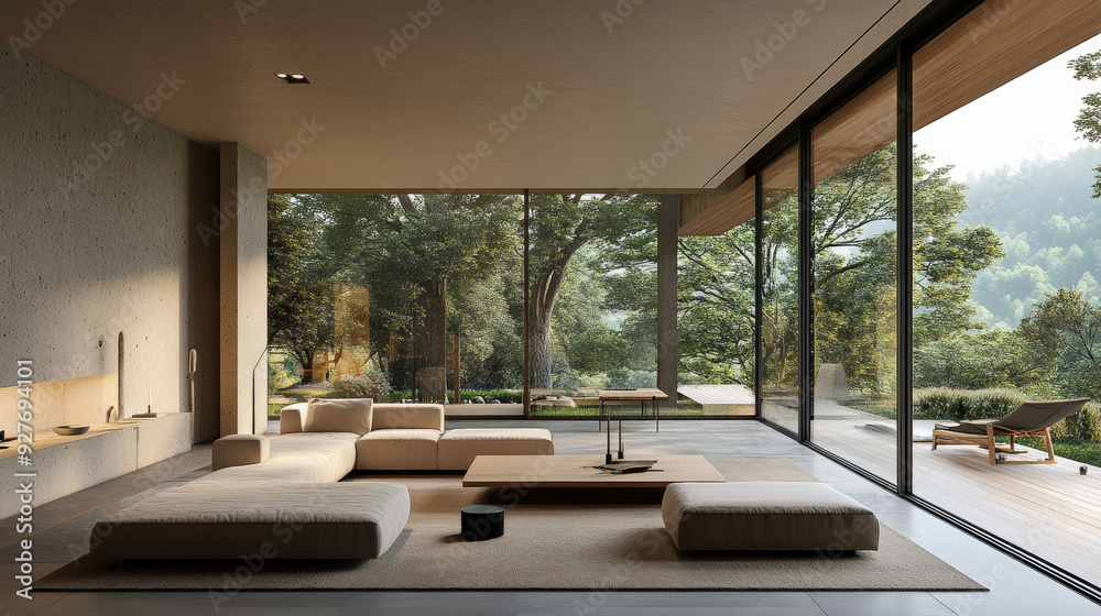 Fototapeta premium Modern villa with a spacious living room featuring large windows for natural light. --ar 16:9 --v 6.1 Job ID: 21e3428a-03cb-46b1-a663-7ecc95e32196