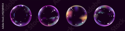 Collection of realistic soap bubbles with multicolored blurring on a dark purple background.