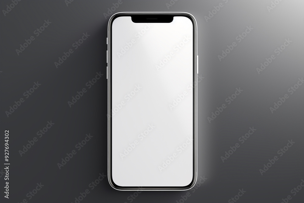 A modern smartphone with a blank white screen lies on a dark gray background. Concept of mobile technology, communication, app display. A modern smartphone with a blank white screen lies on a dark gray background. Concept of mobile technology, communication, app display.