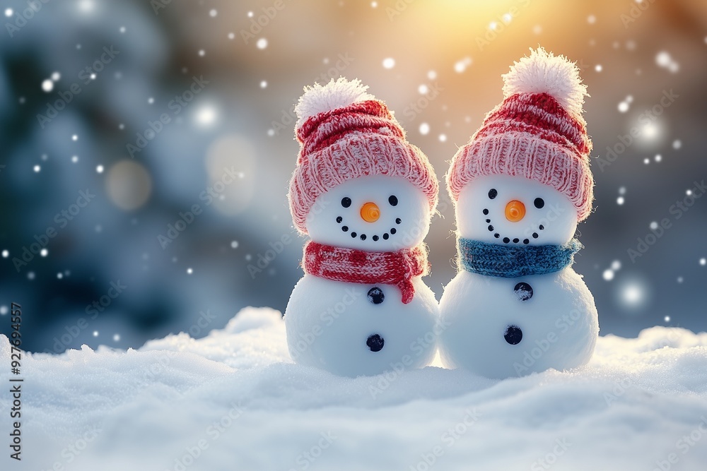 Two little snowmen in hats on the snow in winter Two little snowmen in hats on the snow in winter