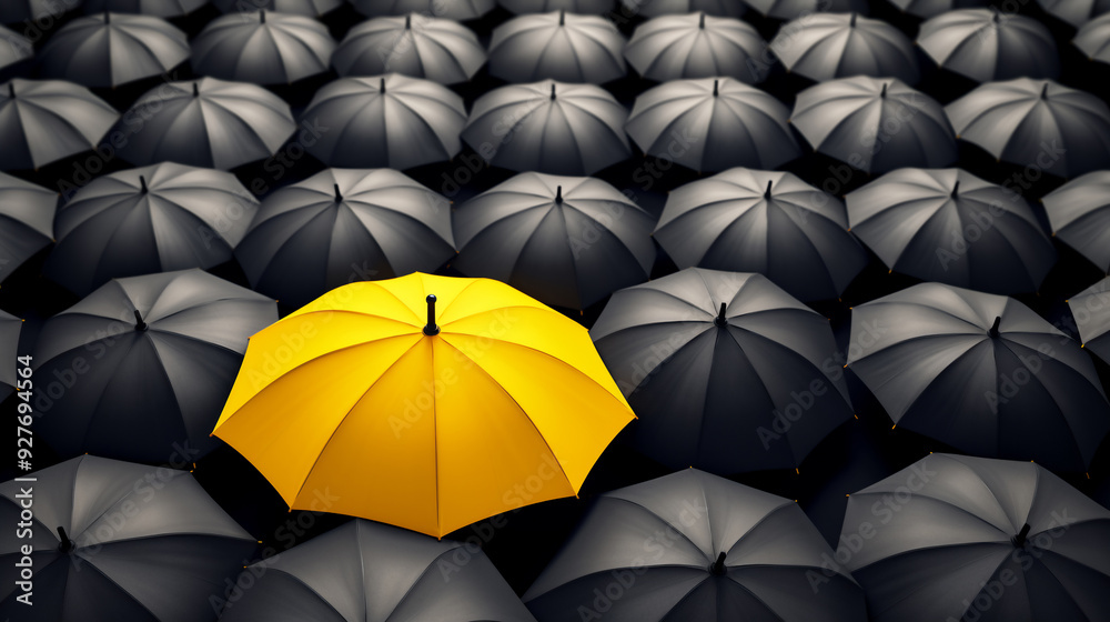 A single yellow umbrella stands out among a crowd of black umbrellas. Concept of individuality, uniqueness, standing out from the crowd. A single yellow umbrella stands out among a crowd of black umbrellas. Concept of individuality, uniqueness, standing out from the crowd.