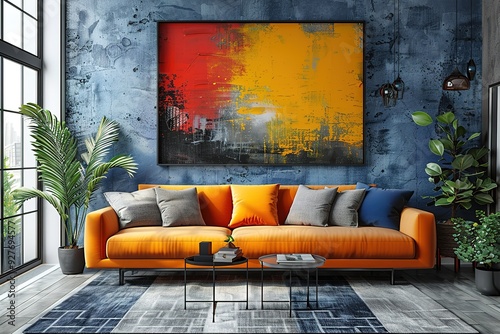 Wallpaper Mural A living room with a large orange couch and a yellow painting on the wall Torontodigital.ca