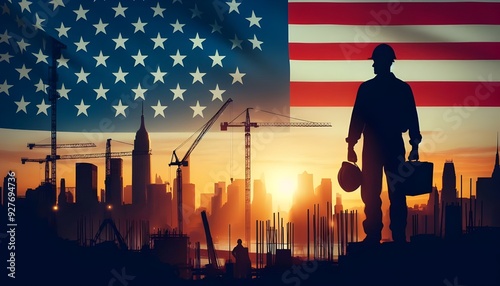 construction worker and american flag, labor day background